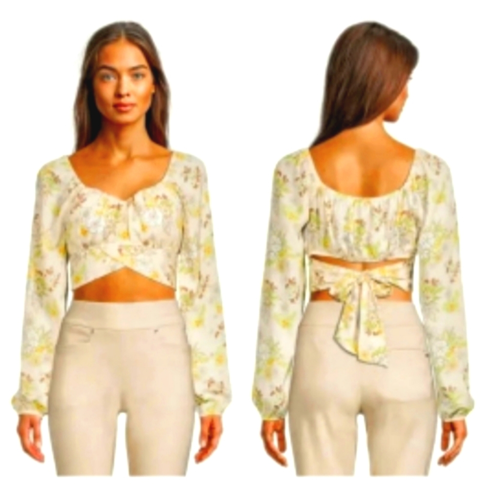 Madden NYC Yellow Floral Crop Top Peasant Blouse NWT Beachy Cottagecore Boho